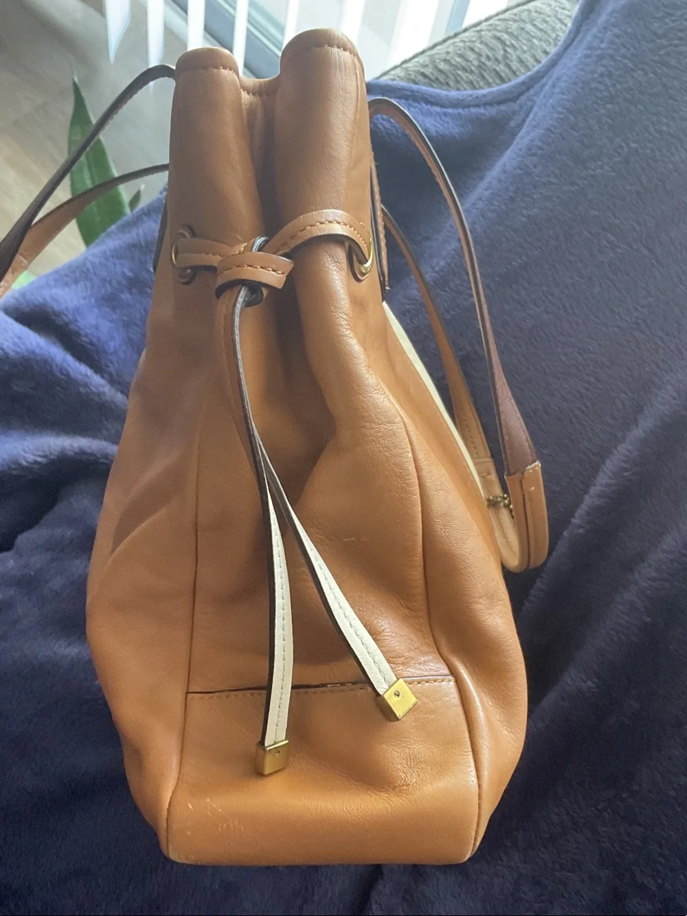 Coach Tan Leather Tote with Cream Center Stripe